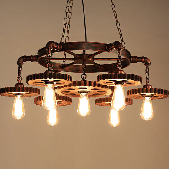Vintage Copper Chandelier With 7 Lights - Retro Industrial Pendant Lamp In Gear Shape