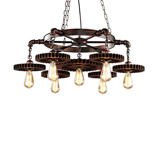 Vintage Copper Chandelier With 7 Lights - Retro Industrial Pendant Lamp In Gear Shape