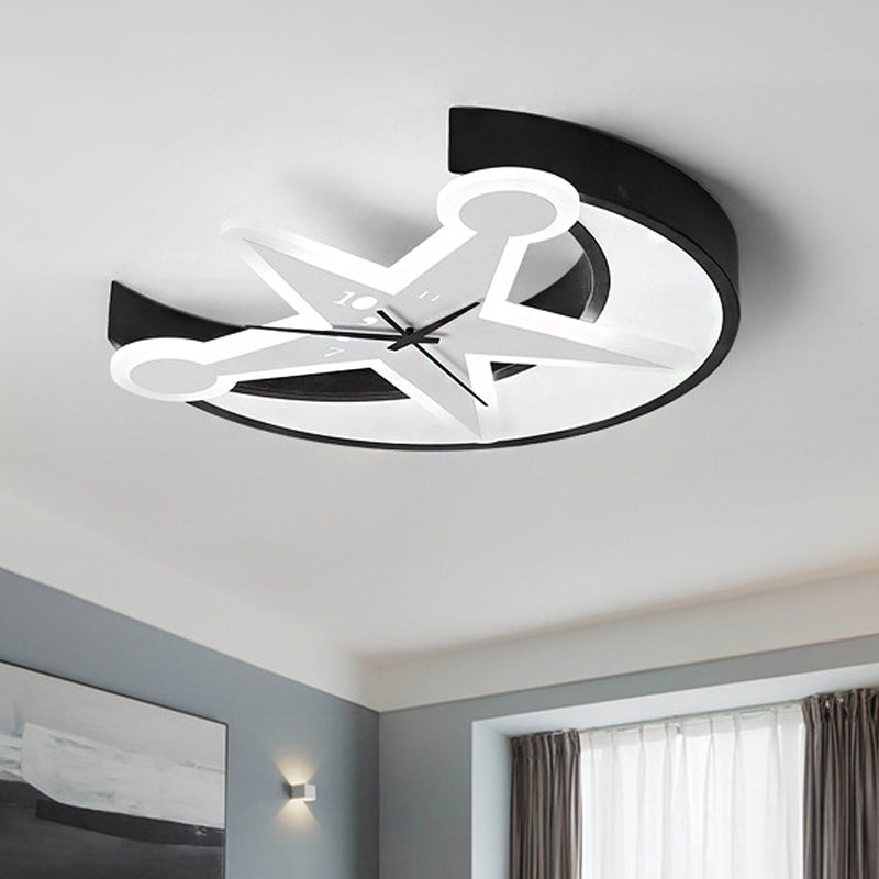 Modern Black Acrylic Clock Flush Ceiling Light With Moon & Star Led For Dining Room