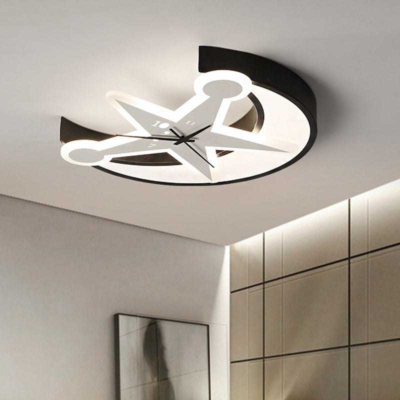 Modern Black Acrylic Clock Flush Ceiling Light With Moon & Star Led For Dining Room