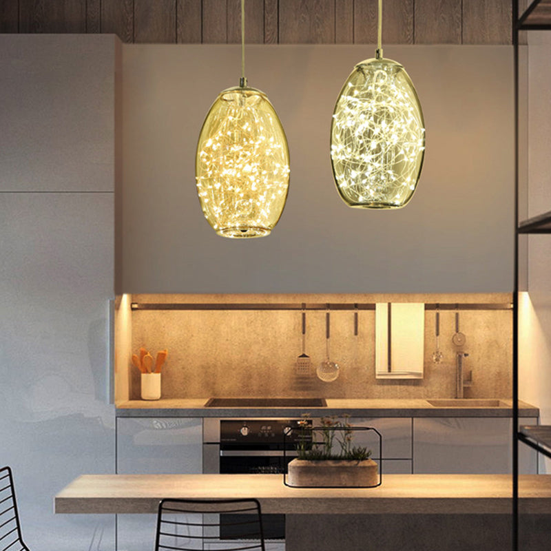 Contemporary Led Pendant Light With Elegant Amber/Smoke Grey Glass Globe/Cylinder/Oval Design For