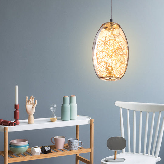 Contemporary Led Pendant Light With Elegant Amber/Smoke Grey Glass Globe/Cylinder/Oval Design For