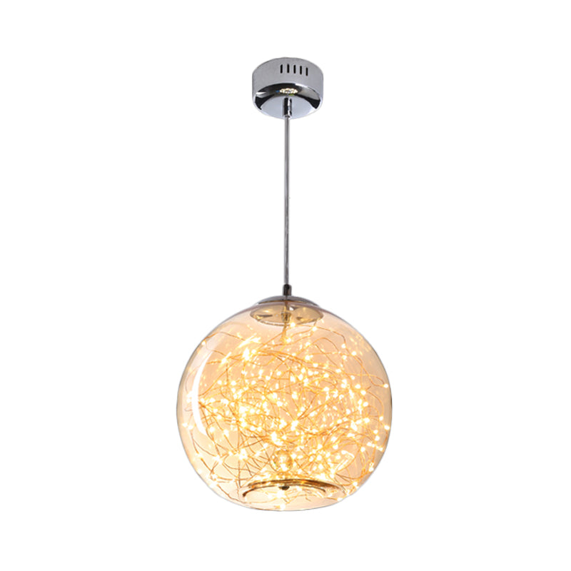Contemporary Led Pendant Light With Elegant Amber/Smoke Grey Glass Globe/Cylinder/Oval Design For