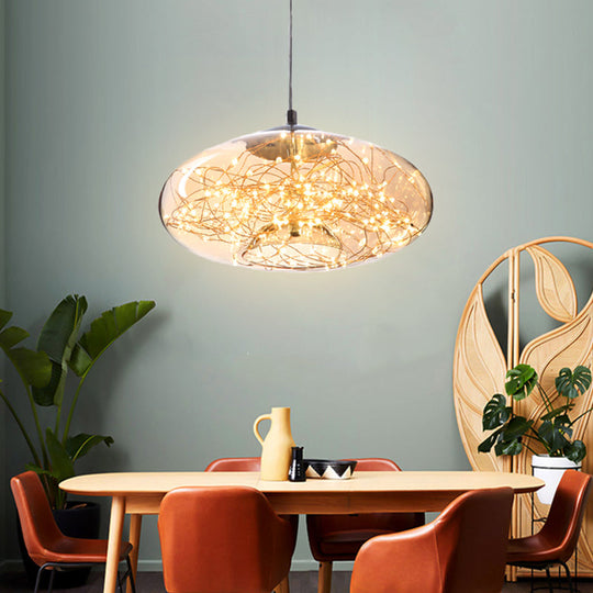 Contemporary Led Pendant Light With Elegant Amber/Smoke Grey Glass Globe/Cylinder/Oval Design For