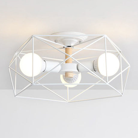 Caged Opal Glass Semi Mount Industrial Ceiling Light In Black/White - 3/4/5 Bulb Living Room