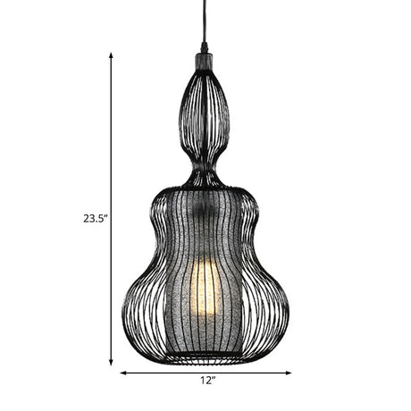 Gourd Cage Pendant Light - Simple Elegant Metal Hanging With Cylinder Shade Inside Black