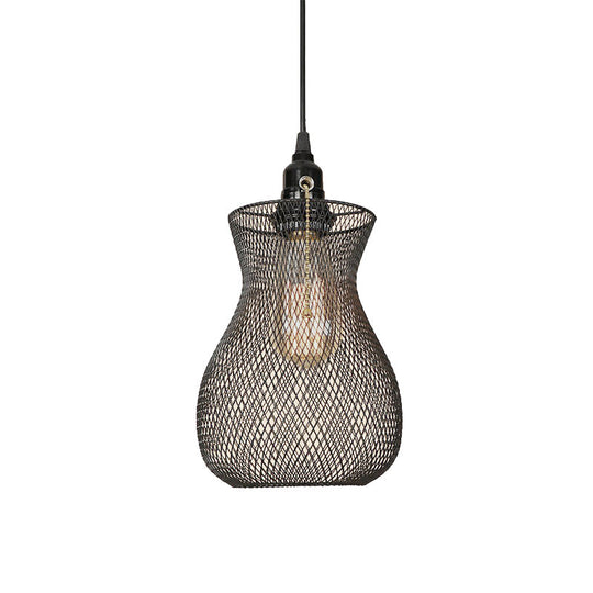 Industrial Metal Pendant Light With Black Wire Cage - Stylish Dining Room Hanging Fixture / A