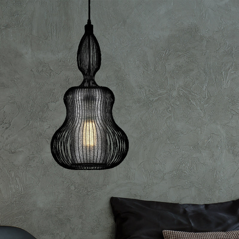 Gourd Cage Pendant Light - Simple Style Metal Black Hanging With Cylinder Shade