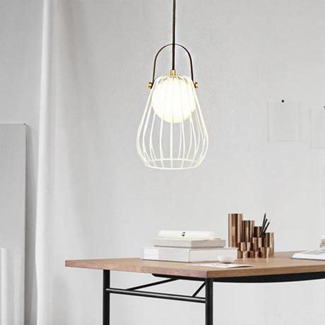 Gourd Cage Pendant Light Kit - Minimalist Metal Hanging Ceiling White