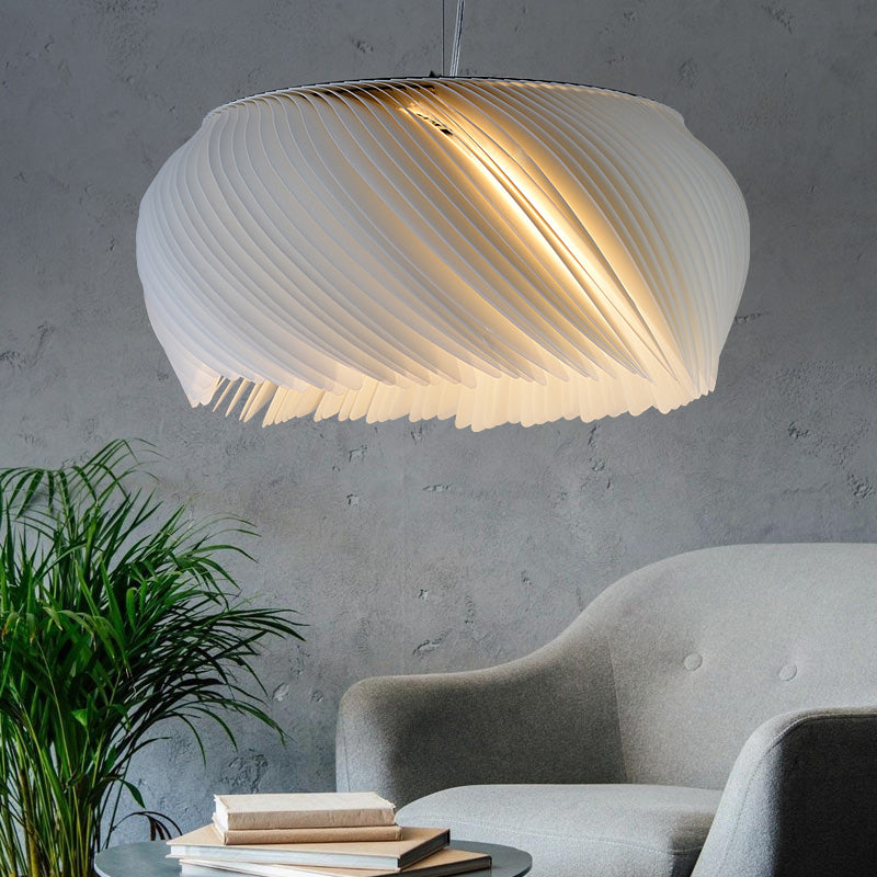 Simple White Drum Pendant Light For Living Room - 1-Light Plastic Hanging Fixture