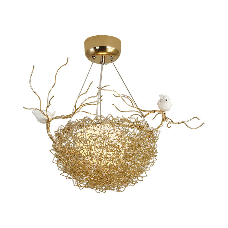 Art Deco Gold Nest Pendant Light With 2 Birds - Metal Hanging Ceiling For Restaurants