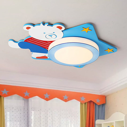 Boys’ Cartoon Bear Wood Animal Blue Led Ceiling Light