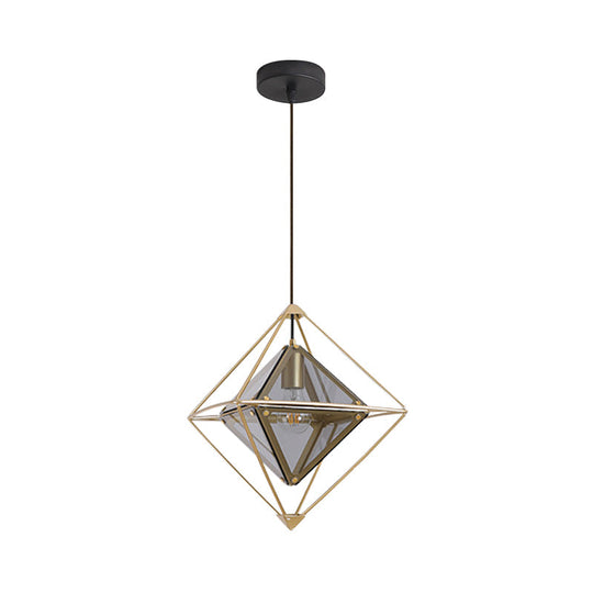 Polygon Ceiling Lamp With Amber/Smoke Glass Shade - Modern Pendant Light Black/Gold Frame