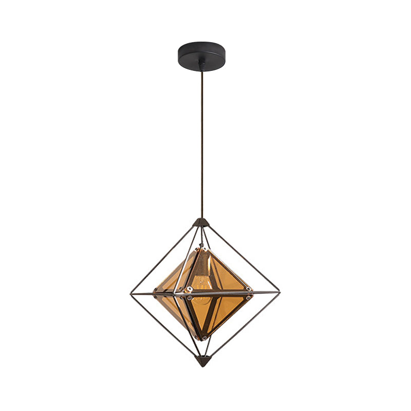 Contemporary 1-Light Pendant With Amber/Smoke Gray Glass Shade - Polygon Ceiling Lamp Black/Gold