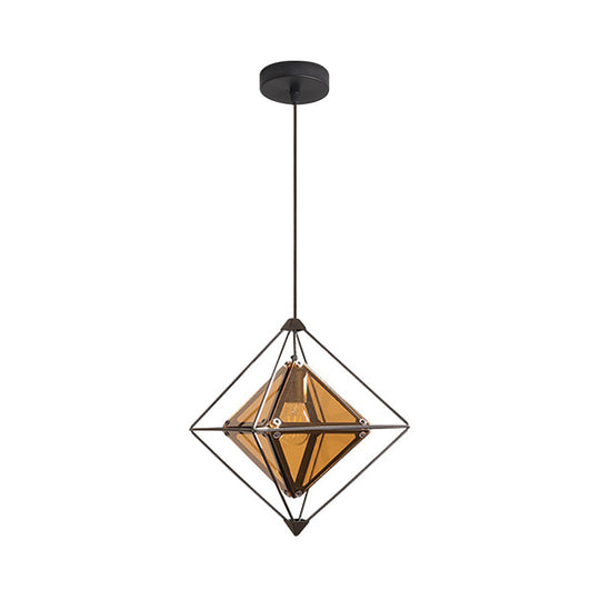 Contemporary 1-Light Pendant With Amber/Smoke Gray Glass Shade - Polygon Ceiling Lamp Black/Gold