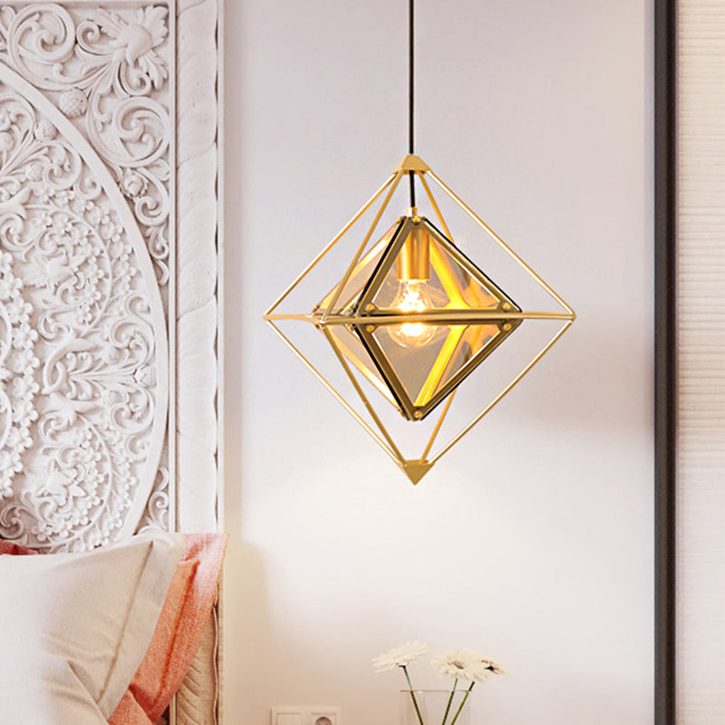 Contemporary 1-Light Pendant With Amber/Smoke Gray Glass Shade - Polygon Ceiling Lamp Black/Gold