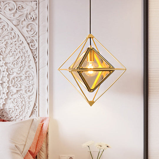 Contemporary 1-Light Pendant With Amber/Smoke Gray Glass Shade - Polygon Ceiling Lamp Black/Gold