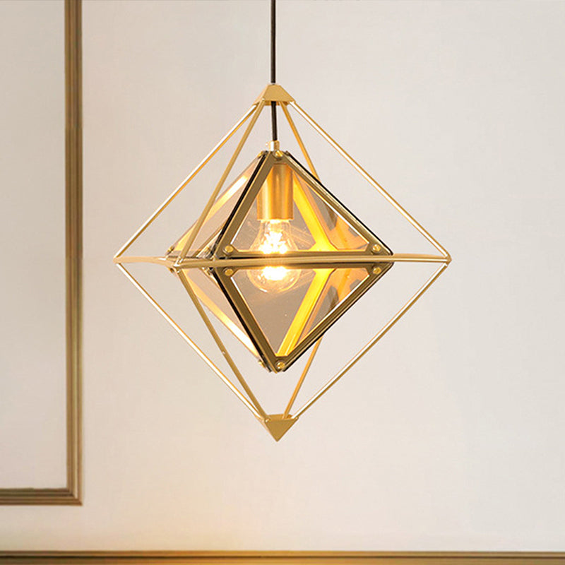 Polygon Ceiling Lamp With Amber/Smoke Glass Shade - Modern Pendant Light Black/Gold Frame
