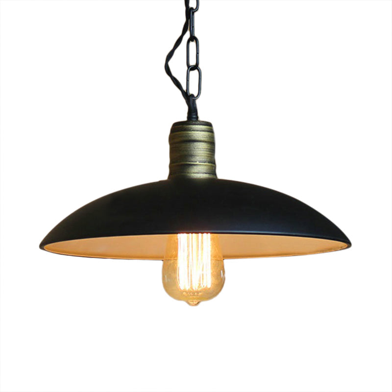 Retro Style Metallic Black Ceiling Light With Bowl Shade And Hanging Chain - 10’/12.5’ W 1 Bulb
