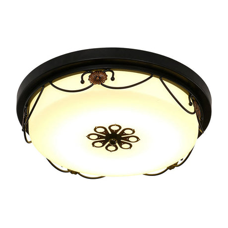 Vintage Opal Glass Drum Led Flush Ceiling Light For Bedroom Black Floral Decor