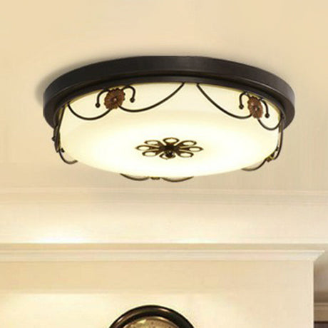 Vintage Opal Glass Drum Led Flush Ceiling Light For Bedroom Black Floral Decor