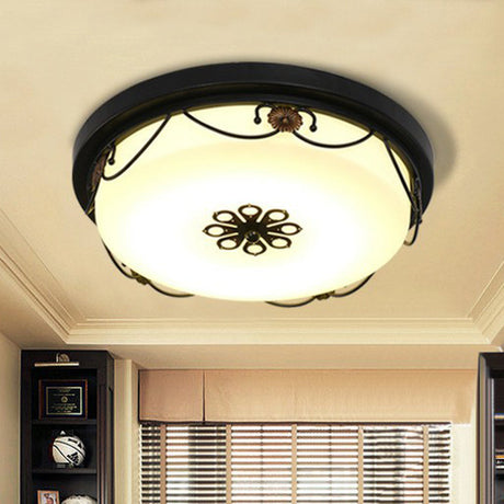 Vintage Opal Glass Drum Led Flush Ceiling Light For Bedroom Black Floral Decor
