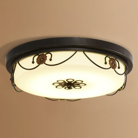 Vintage Opal Glass Drum Led Flush Ceiling Light For Bedroom Black Floral Decor