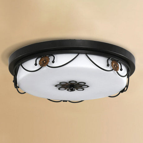 Vintage Opal Glass Drum Led Flush Ceiling Light For Bedroom Black Floral Decor