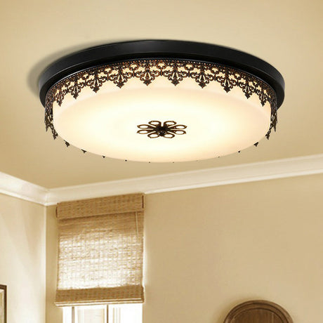 Vintage Opal Glass Drum Led Flush Ceiling Light For Bedroom Black Floral Decor / B