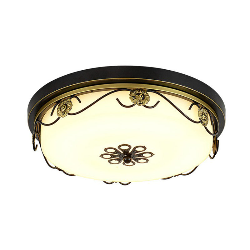 Rustic Led Drum Ceiling Light With Opal Glass And Decorative Flower Design