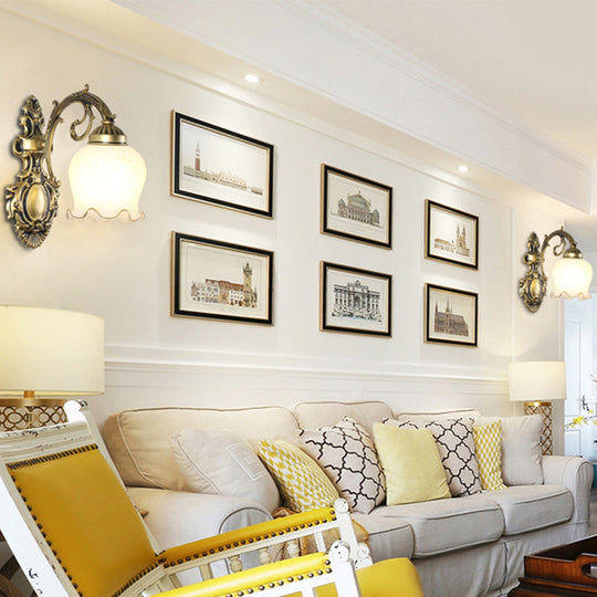 Classic Flower Wall Mount Light With Frost Glass And Ruffle Trim For Corridor