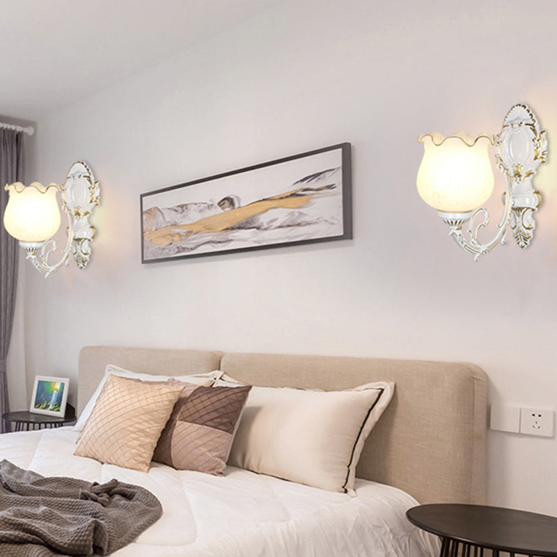 Classic Flower Wall Mount Light With Frost Glass And Ruffle Trim For Corridor 1 / White-Gold