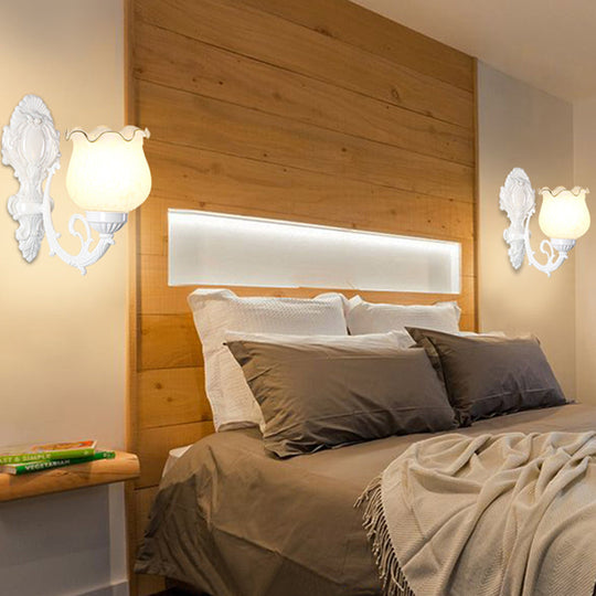 Classic Flower Wall Mount Light With Frost Glass And Ruffle Trim For Corridor 1 / White