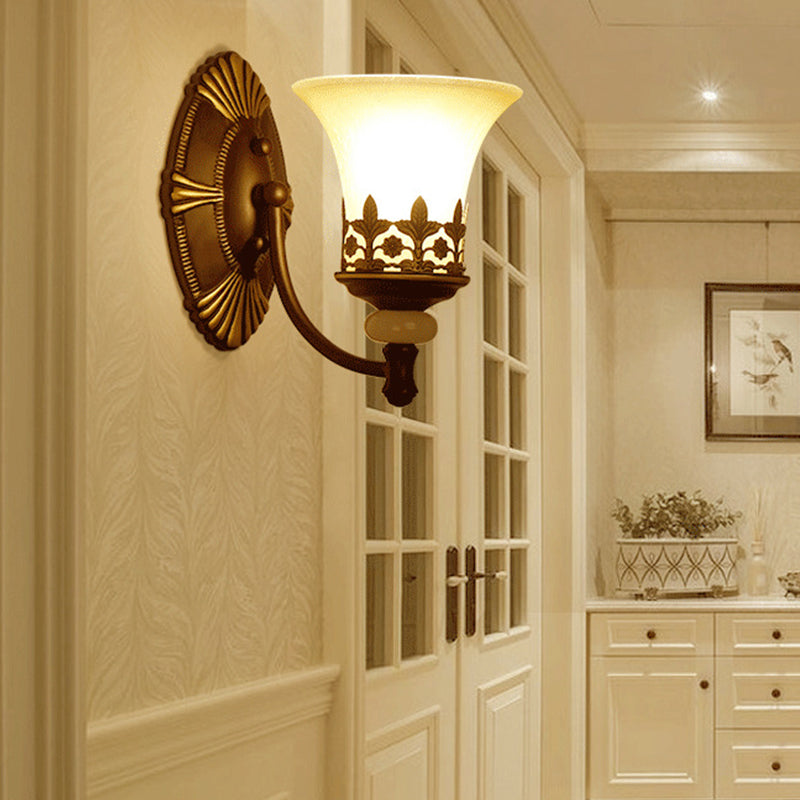 Retro Beige Glass Wall Light With Flared Shade And Filigree In Dark Brown For Living Rooms