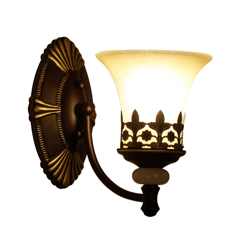 Retro Beige Glass Wall Light With Flared Shade And Filigree In Dark Brown For Living Rooms
