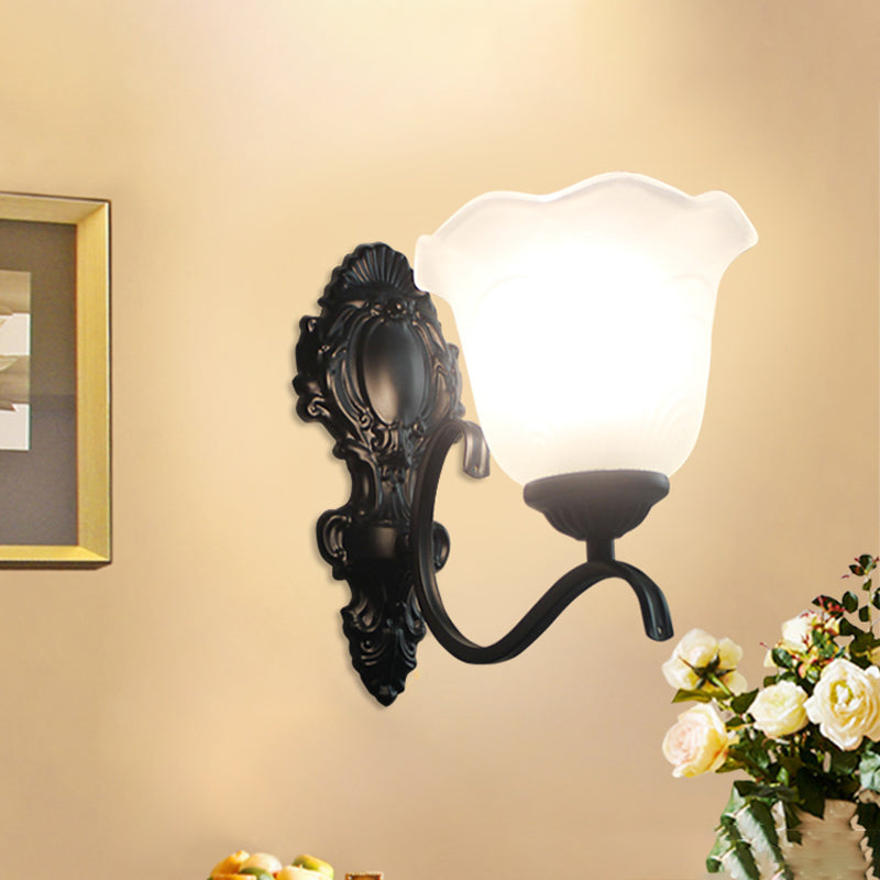 Traditional Black Wall Mount Light With Cream Glass Flared Shape Fixture For Living Room 1 / A