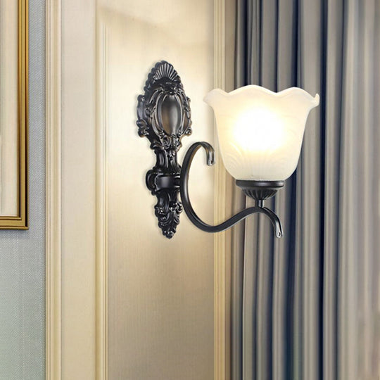 Traditional Black Wall Mount Light With Cream Glass Flared Shape Fixture For Living Room