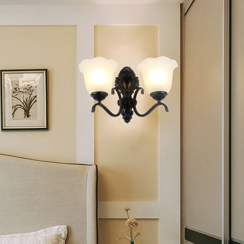Traditional Black Wall Mount Light With Cream Glass Flared Shape Fixture For Living Room 2 / A