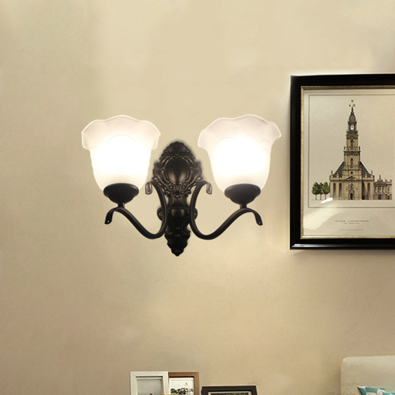 Traditional Black Wall Mount Light With Cream Glass Flared Shape Fixture For Living Room