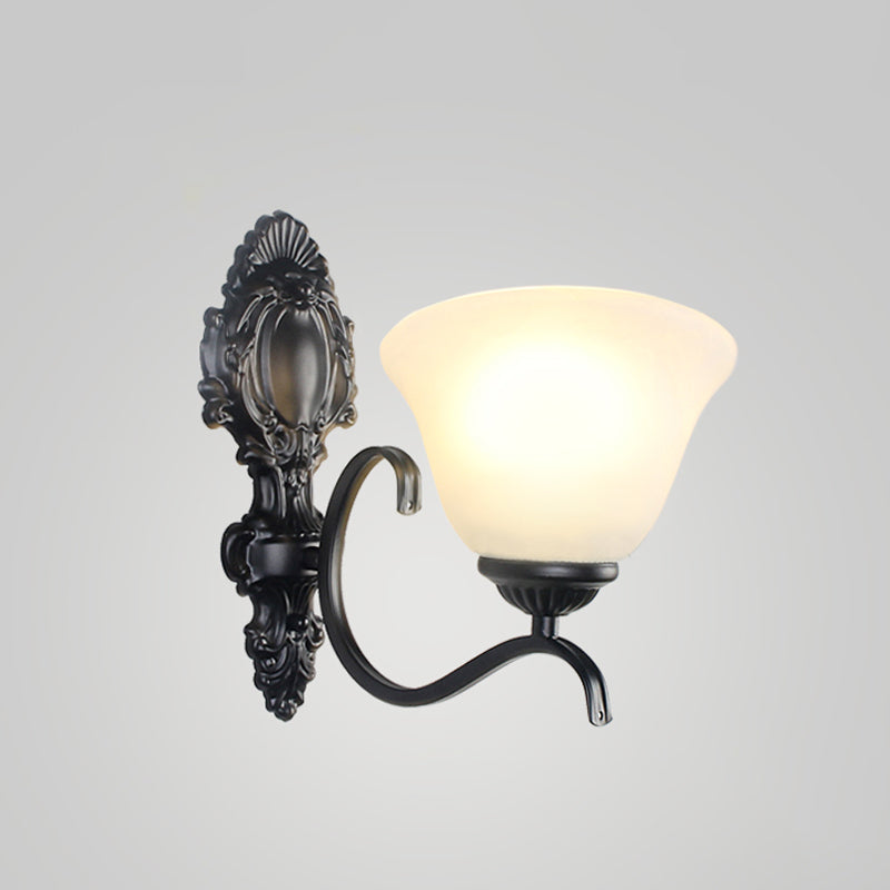 Traditional Black Wall Mount Light With Cream Glass Flared Shape Fixture For Living Room