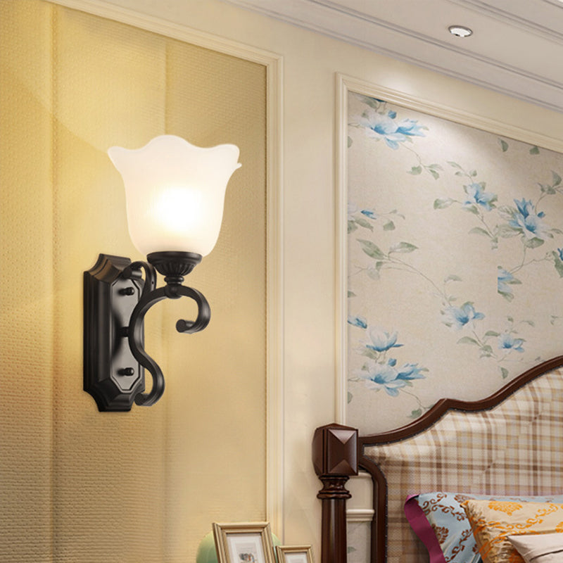 Vintage Flower Shaped Wall Mounted Lamp For Bedroom - Frost Glass Black Light 1 /