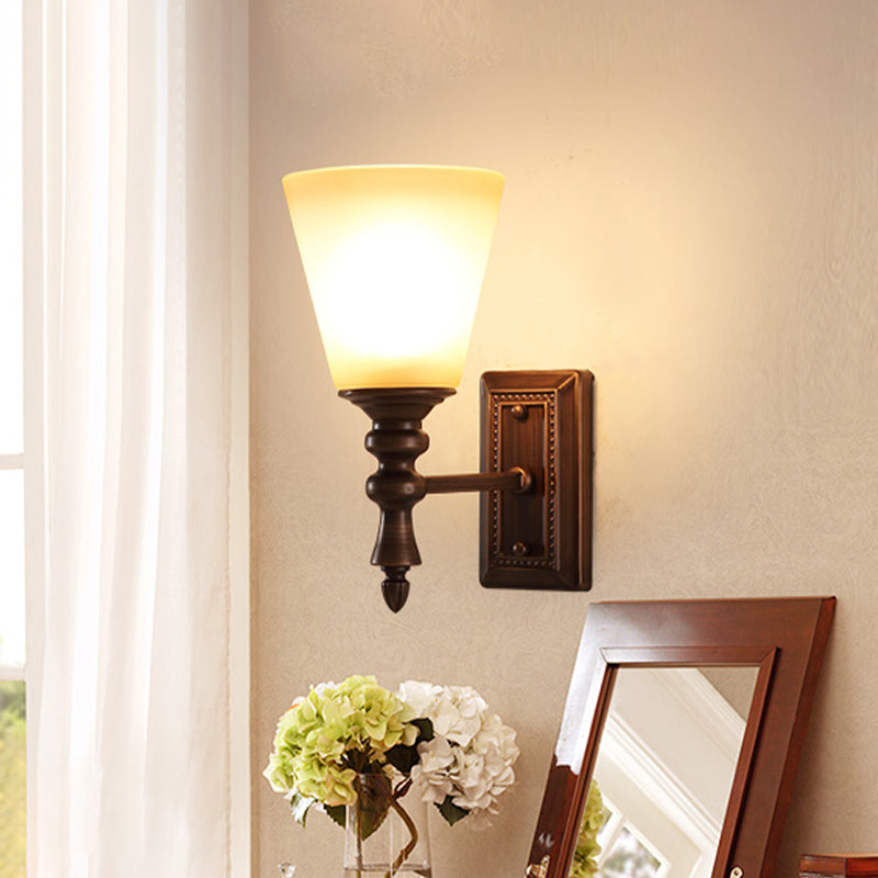 Vintage Brown Cone Shade Wall Mounted Lamp With Cream Glass - 1-Light Fixture For Living Room