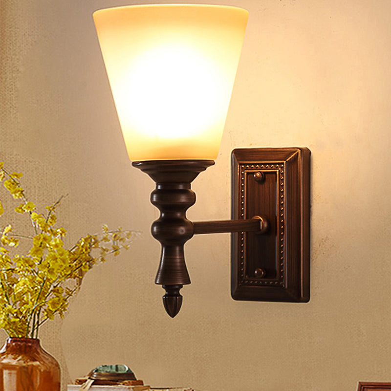 Vintage Brown Cone Shade Wall Mounted Lamp With Cream Glass - 1-Light Fixture For Living Room