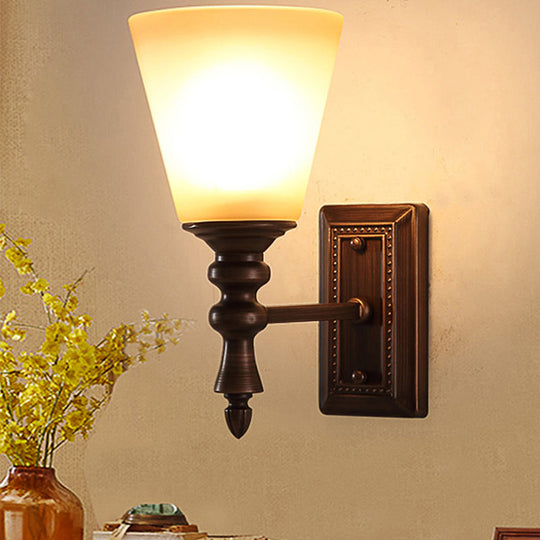 Vintage Brown Cone Shade Wall Mounted Lamp With Cream Glass - 1-Light Fixture For Living Room