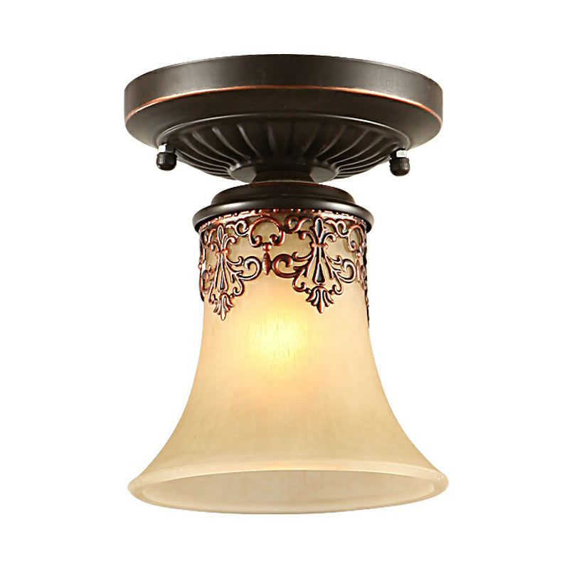 Frost Beige Glass Semi - Flush Mount Light With Retro Flair And Filigree Detailing