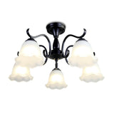 Vintage Opal Glass Semi Flush Mount Chandelier - Black Bell Shaped Ceiling Light For Living Room