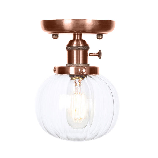 Semi Mount Industrial Ceiling Light In Copper - Clear/Amber Glass Globe Round Design 1 Bulb Perfect