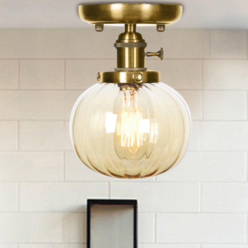 Semi Flush Bronze Globe Round Ceiling Light With Industrial Clear/Amber Glass - 1 - Light Fixture