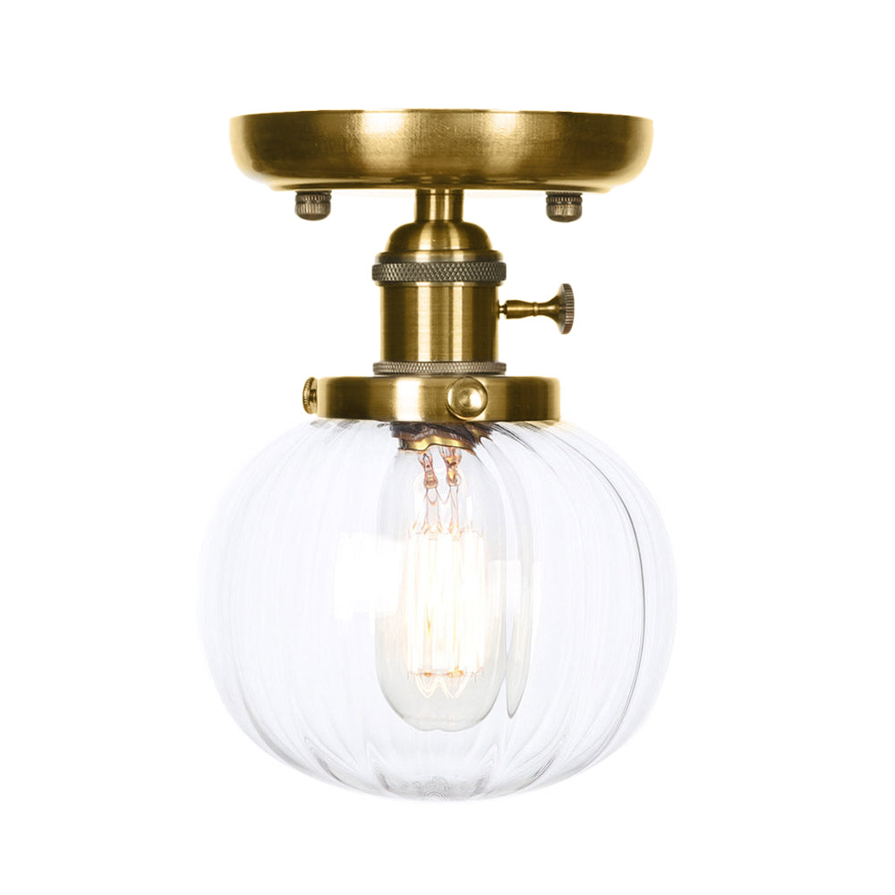Semi Flush Bronze Globe Round Ceiling Light With Industrial Clear/Amber Glass - 1 - Light Fixture