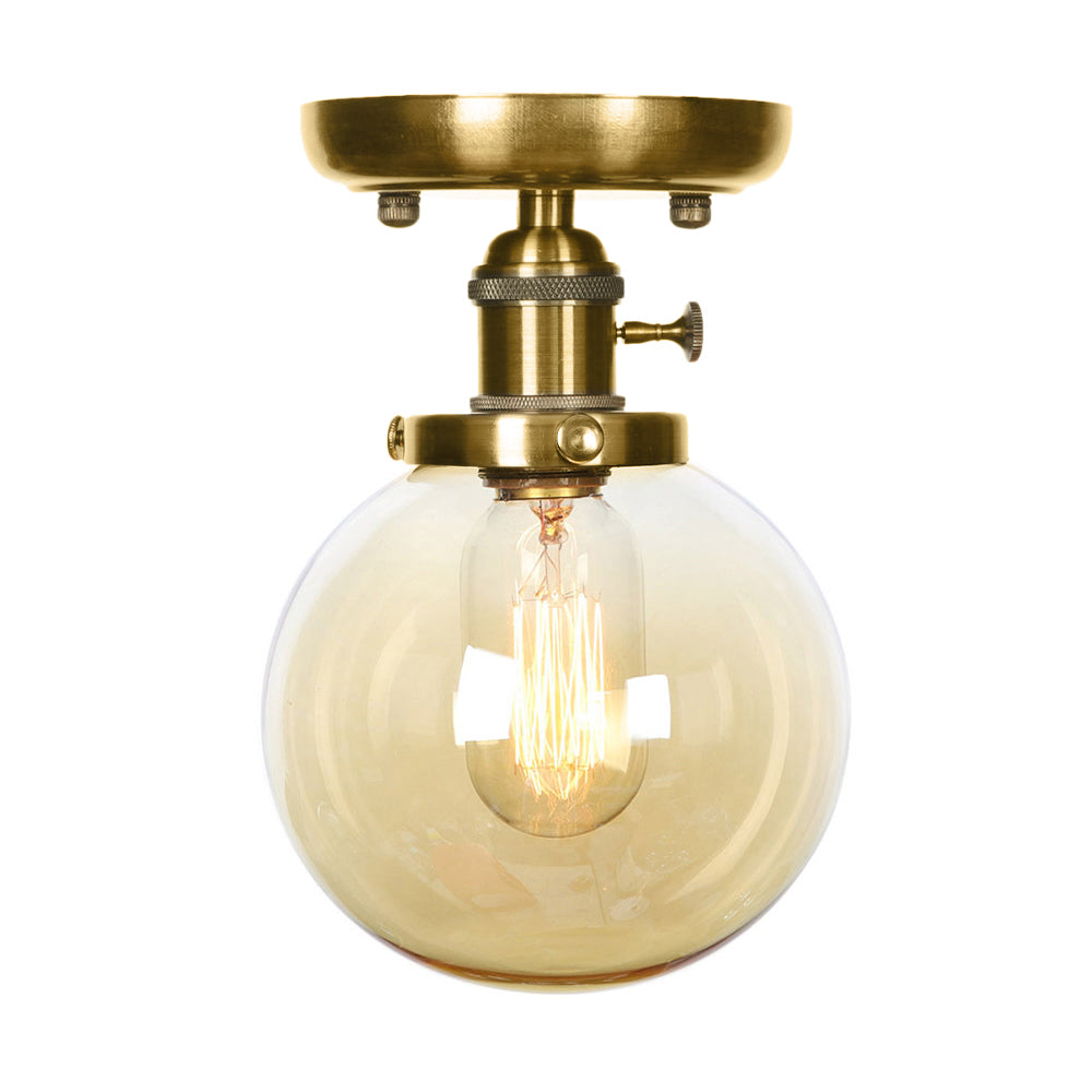 Semi Flush Bronze Globe Round Ceiling Light With Industrial Clear/Amber Glass - 1 - Light Fixture